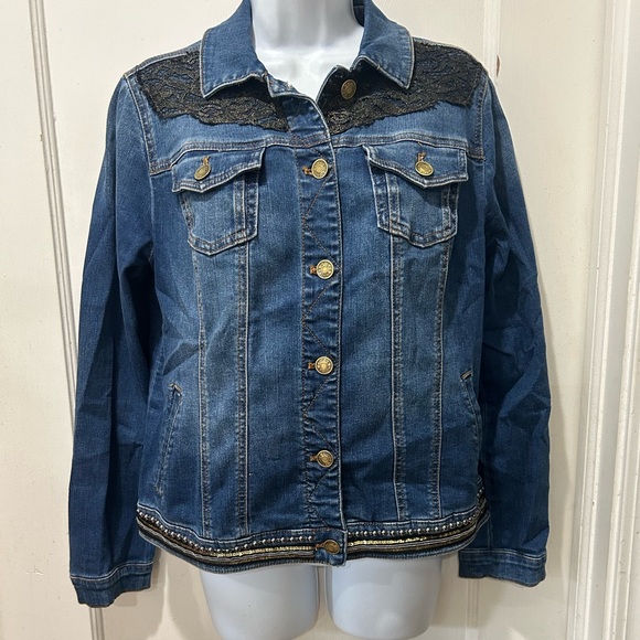 Chicos Denim Jean Jacket Beading Lace Festival Cowgirl Embroidered Size 0 Small - Picture 1 of 5